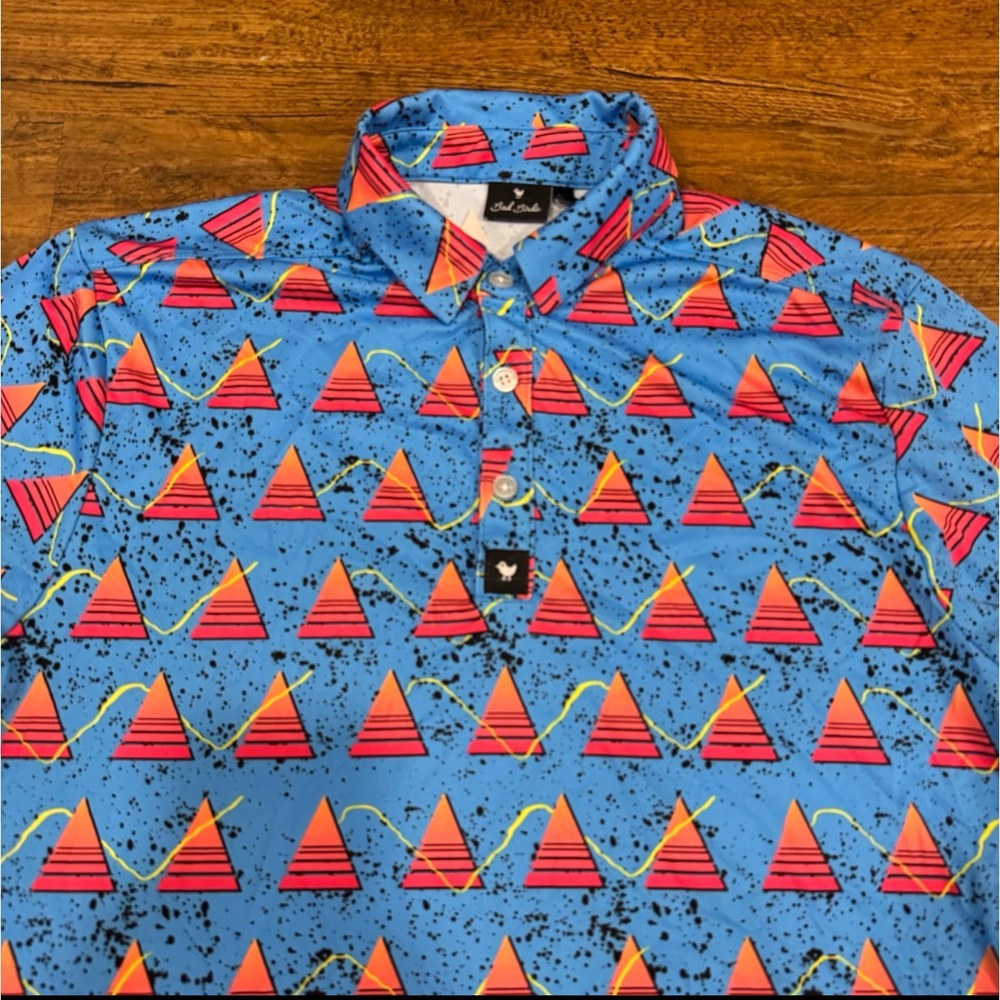 Bad Birdie Blue Geometric Paint Splatter Performance Golf Polo Shirt Men's Small